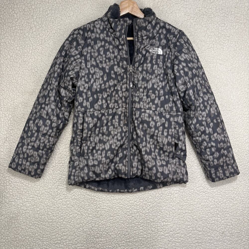 North Face Girls L (14/16) Mossbud Swirl Reversible Jacket Leopard Gray Fuzzy